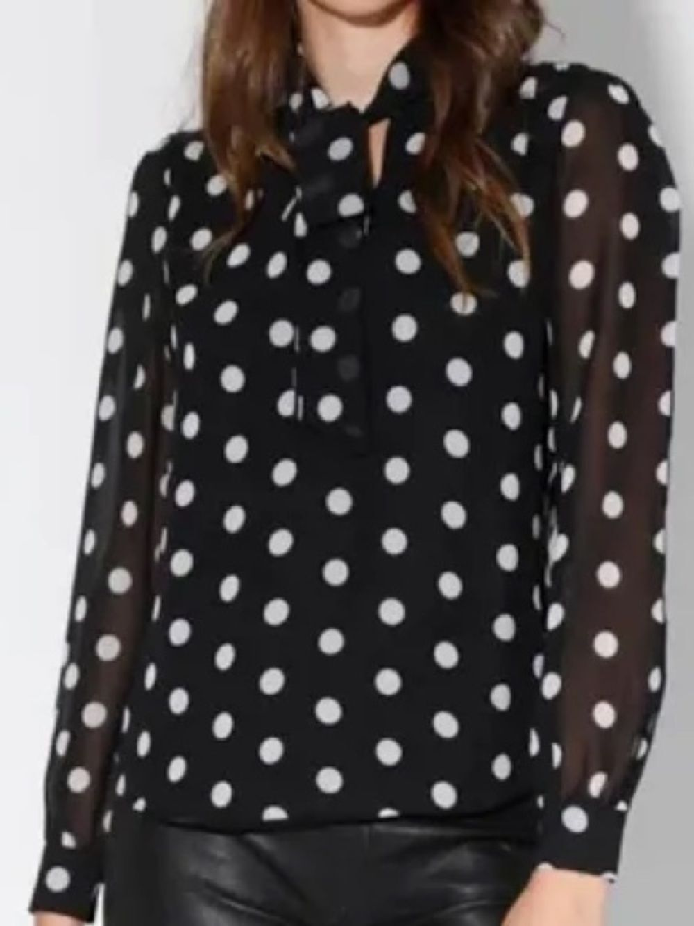 Walter Baker Black White Polka Dot Tie Neck Sheer Chiffon Blouse L